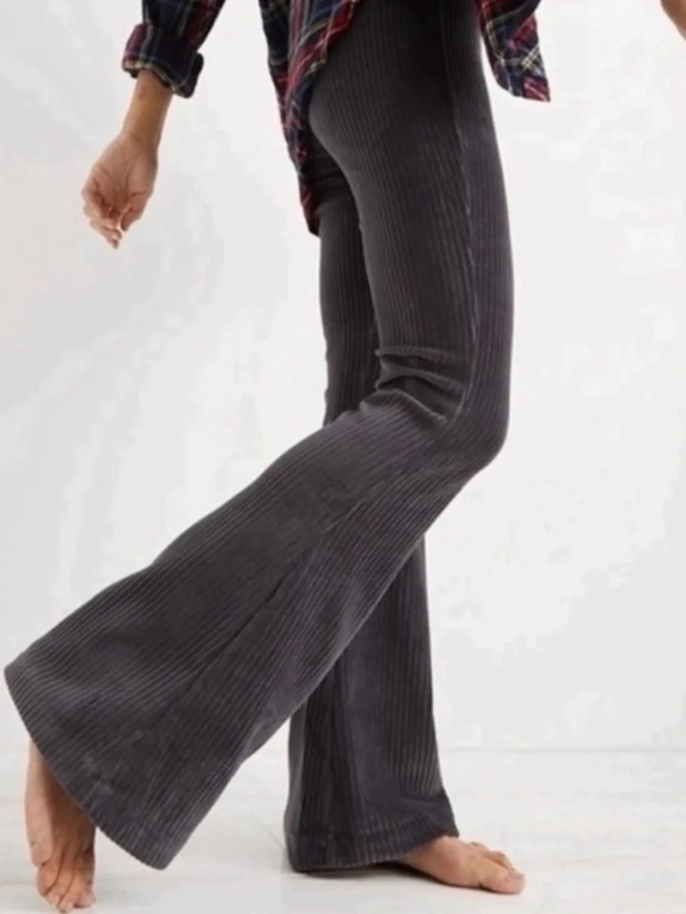 Aerie Groove On Ribbed Velour Flare Pants Gray Medium M Regular High Rise Lounge